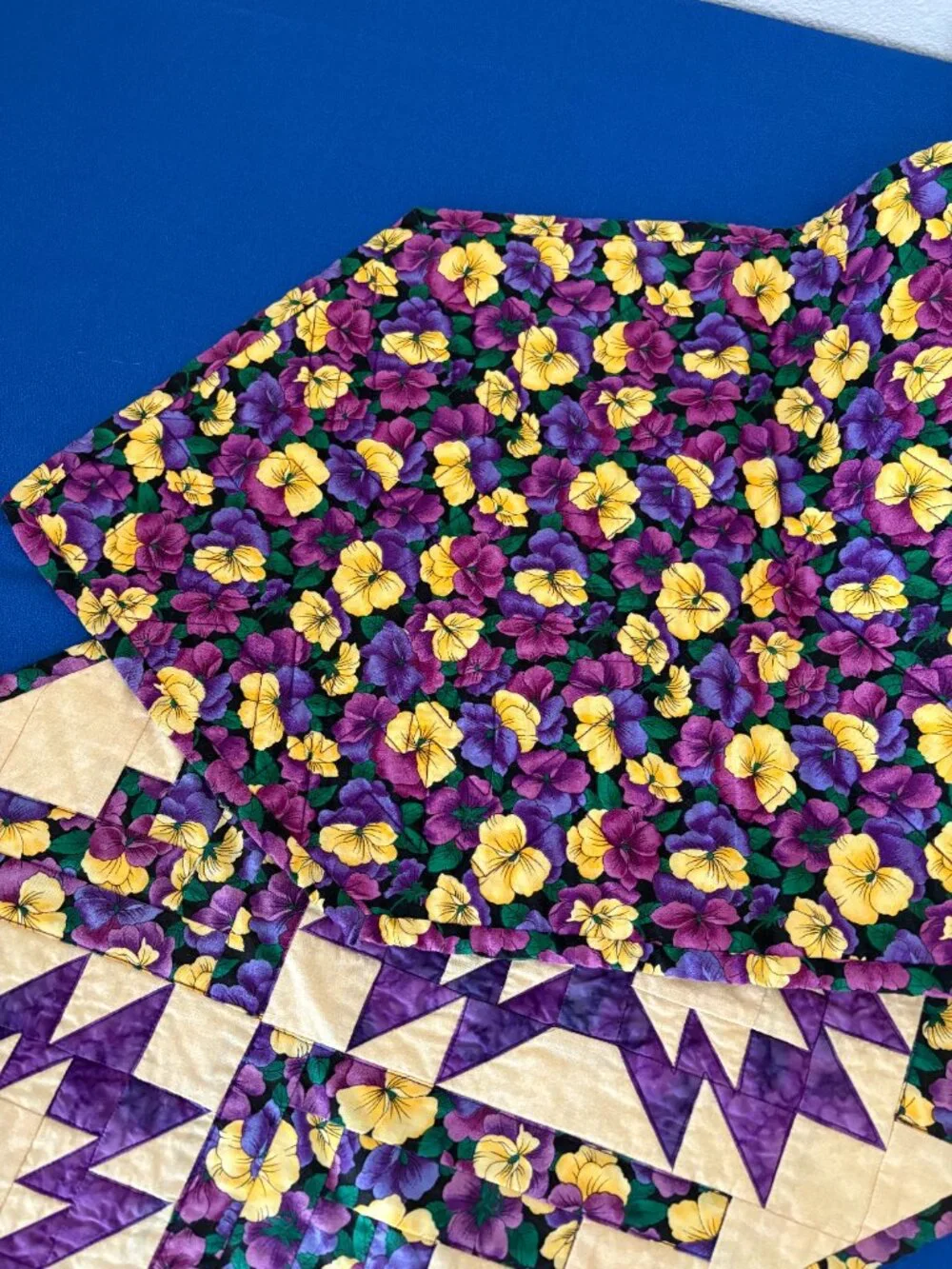 Table Runner Quilted Bear Paw Claw Star Purple Yellow Pansy Floral Handmade